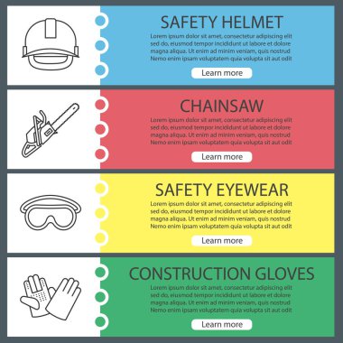 Afiş şablonlar kümesi web inşaat araçları. Endüstriyel emniyet kask, chainsaw, gözlük, inşaat eldiven. Web sitesi renk menü öğeleri ile doğrusal kutsal kişilerin resmi. Vektör üstbilgileri kavramları tasarım