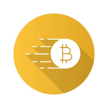 Uçan bitcoin düz tasarım uzun gölge glif simgesi. Cryptocurrency. Vektör siluet çizimi