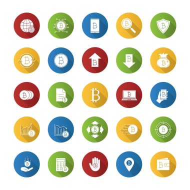 Bitcoin düz tasarım uzun gölge glif simgeler kümesi. Cryptocurrency. Dijital ödeme sistemi. Vektör siluet çizimi