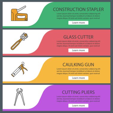 Afiş şablonlar kümesi web inşaat araçları. Cam kesici, caulking silah, kesme pense, inşaat zımba. Web sitesi renk menü öğeleri. Vektör üstbilgileri kavramları tasarım