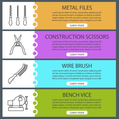 Afiş şablonlar kümesi web inşaat araçları. Metal resimler, inşaat makas, tel fırça, Yardımcısı tezgah. Web sitesi renk menü öğeleri ile doğrusal kutsal kişilerin resmi. Vektör üstbilgileri kavramları tasarım