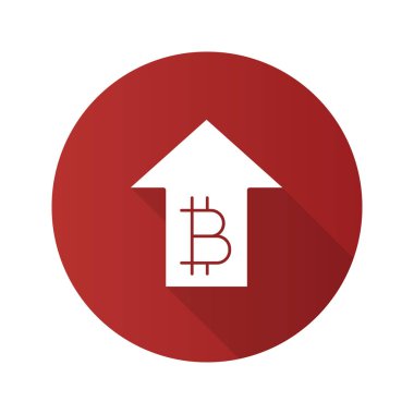 Düz tasarım uzun gölge glif simgesi yükselen Bitcoin oranı. Yukarı ok Cryptocurrency ile. Vektör siluet çizimi