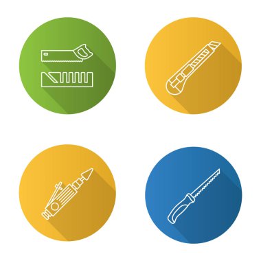 İnşaat araçları düz doğrusal uzun gölge Icons set. Gönye kutusu, tanıtıcı pad testere, ileti örneği bıçak, hava ile çalışan Vana değirmeni. Vektör anahat çizim