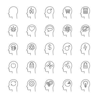 İç kafa doğrusal Icons set. İnsan beyni. Aşk, iş, para, sanat, bilim, alkol, uyuşturucu hakkında düşünceler. İnce çizgi kontur sembolleri. İzole vektör anahat çizimler