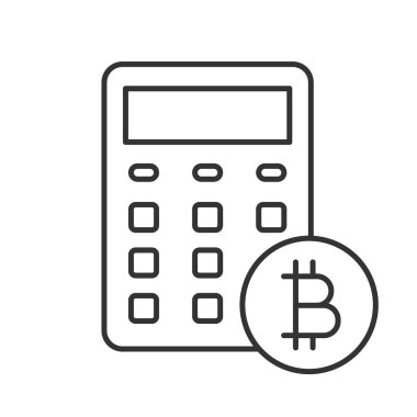 Bitcoin hesap makinesi doğrusal simgesi. İnce hat illüstrasyon. Cryptocurrency. Muhasebe. Kontur sembolü. Çizim vektör izole anahat