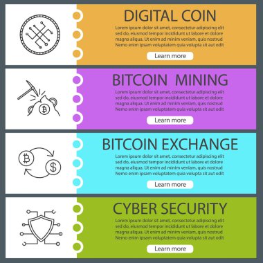Cryptocurrency web afiş şablonları ayarlayın. Bitcoin Satım, dijital sikke, madencilik, cybersecurity. Web sitesi menü öğeleri ile doğrusal kutsal kişilerin resmi. Vektör üstbilgileri kavramları tasarım