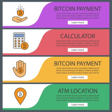 Bitcoin web afiş şablonları ayarlayın. Bitcoin ödemeleri, hesaplamalar, Atm konum. Web sitesi renk menü öğeleri. Vektör üstbilgileri kavramları tasarım