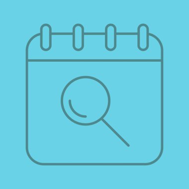 Takvim doğrusal simgesini arayın. Takvim sayfası büyüteç ile. İnce çizgi seviyelendirme simgelerini renkli arka plan üzerinde. Vektör çizim