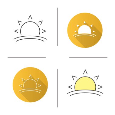 Yükselen güneş simgesi. Tasarım, doğrusal düz ve stilleri renk. Sabah. Dawn. İzole vektör çizimler