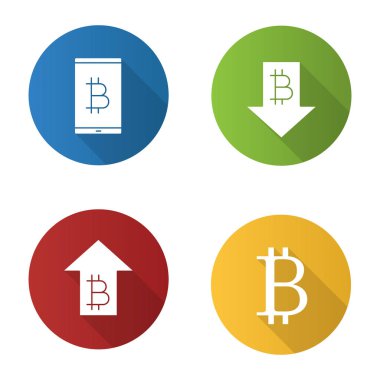 Bitcoin düz tasarım uzun gölge glif simgeler kümesi. Dijital cüzdan, oranı yükseliyor ve düşme, bitcoin işareti. Vektör siluet çizimi
