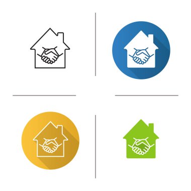 Gayrimenkul anlaşma simgesi. Düz tasarım, doğrusal ve glif renk stilleri. Realty iş anlaşması. Karşılıklı içinde olan ev. İzole vektör çizimler