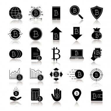 Bitcoin açılan gölge siyah glif Icons set. Cryptocurrency. Dijital ödeme sistemi. İzole vektör çizimler