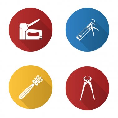 İnşaat araçları düz tasarım uzun gölge glif Icons set. Doldurmayı silah, cam kesici, carpenter'ın son kesmek kerpeteni, inşaat zımba. Vektör siluet çizimi