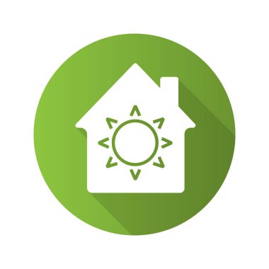 Ev Eko elektrifikasyon düz tasarım uzun gölge glif simgesi. Güneş içinde olan ev. Vektör siluet çizimi