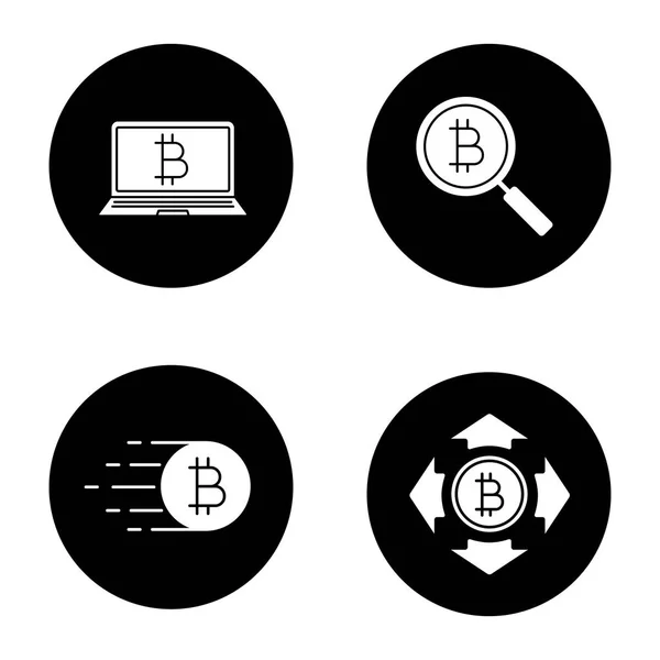 Bitcoin Glyph Icons Set Cryptocurrency Spending Searching Digital Wallet Flying — Stock Vector