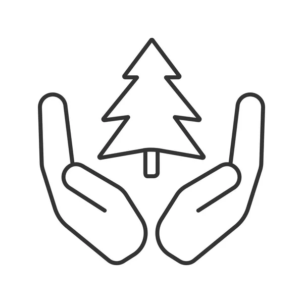 Open Handpalmen Met Fir Tree Lineaire Pictogram Het Opslaan Van — Stockvector