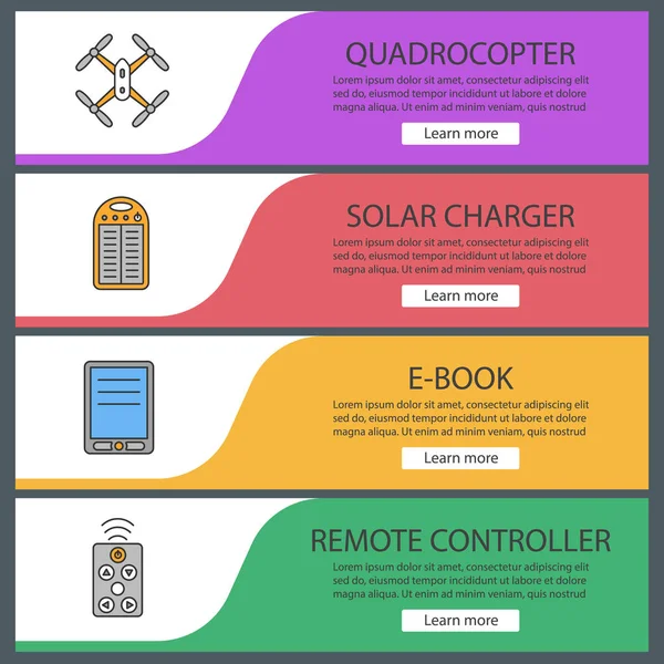 Miniaplikace Pro Web Banner Šablony Sady Quadrocopter Solární Nabíječka Knihy — Stockový vektor