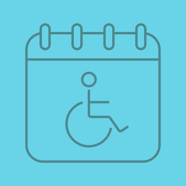 障害者の日の線形アイコン 車椅子の人とカレンダーのページです 色背景に細い線アウトライン記号 ベクトル図 — ストックベクタ