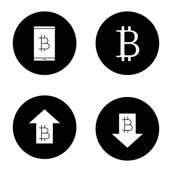 Zestaw Ikon Glifów Bitcoin Cyfrowy Portfel Stawka Rośnie Spada Znak — Wektor stockowy