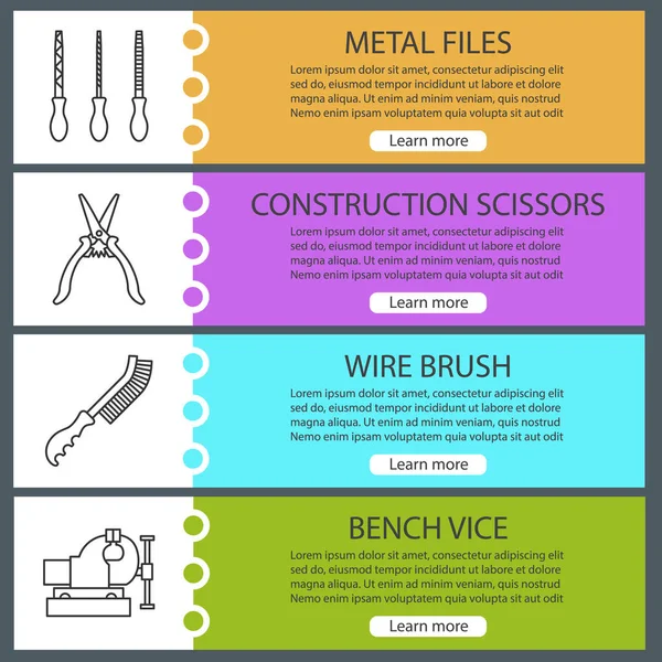 Afiş şablonlar kümesi web inşaat araçları. Metal resimler, inşaat makas, tel fırça, Yardımcısı tezgah. Web sitesi renk menü öğeleri ile doğrusal kutsal kişilerin resmi. Vektör üstbilgileri kavramları tasarım
