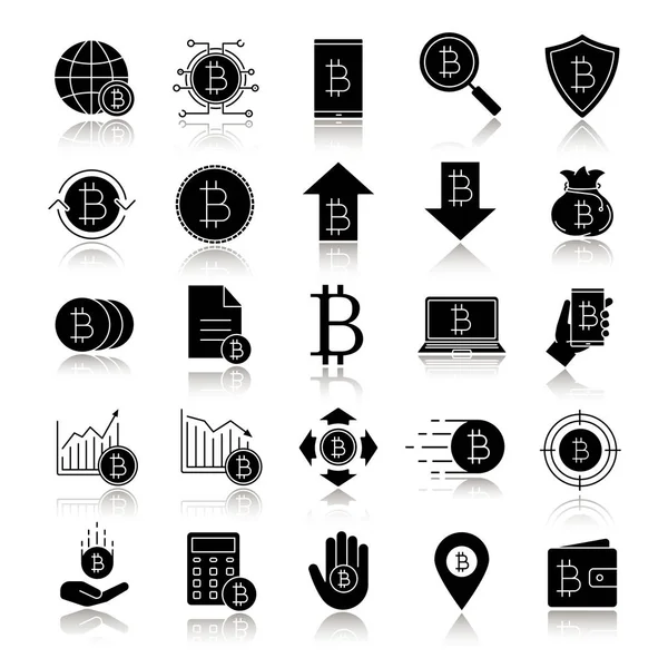 Bitcoin Drop Shadow Black Glyph Icons Set Cryptocurrency Digital Payment — Stock Vector