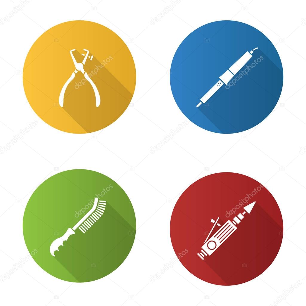 Construction tools flat design long shadow glyph icons set. Stripping tool, soldering iron, wire brush, air-operated valve grinder. Vector silhouette illustration