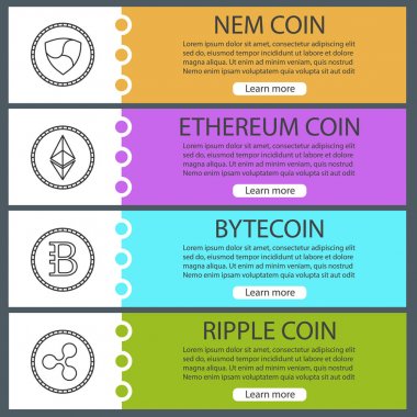 Cryptocurrency web afiş şablonları ayarlayın. Bytecoin, dalgalanma sikke, ethereum, Nem. Web sitesi menü öğeleri ile doğrusal kutsal kişilerin resmi. Vektör üstbilgileri kavramları tasarım