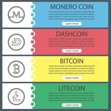 Cryptocurrency web afiş şablonları ayarlayın. Monero, dashcoin, bitcoin, litecoin. Web sitesi menü öğeleri ile doğrusal kutsal kişilerin resmi. Vektör üstbilgileri kavramları tasarım