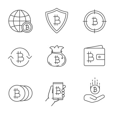 Bitcoin doğrusal Icons set. Cryptocurrency. İnce çizgi kontur sembolleri. Küresel bitcoin, güvenli ödeme, arama, Döviz kuru, para çanta, cüzdan, paralar. İzole vektör anahat çizimler
