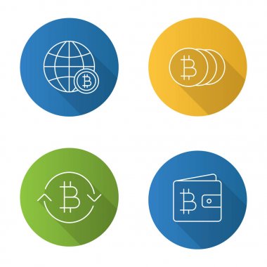 Bitcoin düz doğrusal uzun gölge simgeler kümesi. Cryptocurrency. Küresel bitcoin, m-cüzdan, exchange, paralar. Vektör anahat çizim