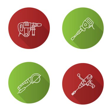 İnşaat araçları düz doğrusal uzun gölge Icons set. Açı taşlama makinesi, perforator, kaldırım kırıcı, el düzenlenen çimento mikseri. Vektör anahat çizim