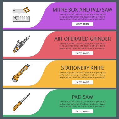 Afiş şablonlar kümesi web inşaat araçları. Gönye kutusu, yastık gördüm, hava ile çalışan değirmeni, ileti örneği bıçak. Web sitesi renk menü öğeleri. Vektör üstbilgileri kavramları tasarım