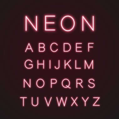 Pembe alfabe neon ışık simgeler kümesi. ABC. Parlayan işaretler. Harfler. İzole vektör çizimler