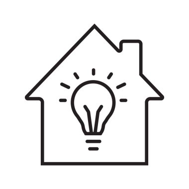 Ev elektrifikasyon doğrusal simgesi. İnce hat illüstrasyon. Ampul içinde olan ev. Kontur sembolü. Çizim vektör izole anahat