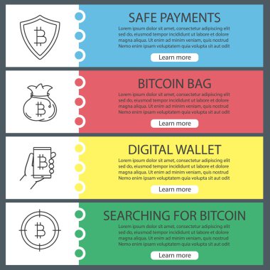 Bitcoin web afiş şablonları ayarlayın. Güvenli ödeme, para çantasını, dijital cüzdan, bitcoin için arama. Web sitesi menü öğeleri ile doğrusal kutsal kişilerin resmi. Vektör üstbilgileri kavramları tasarım