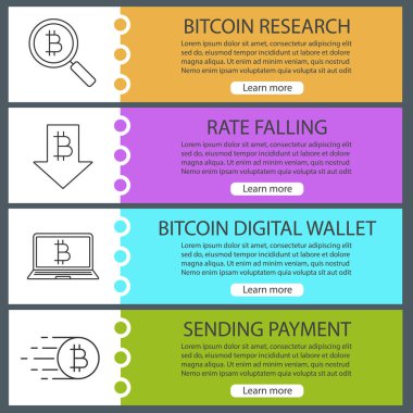 Bitcoin web afiş şablonları ayarlayın. Arama, Bitcoin düşen, dijital cüzdan, ödeme gönderme oranı. Web sitesi renk menü öğeleri ile doğrusal kutsal kişilerin resmi. Vektör üstbilgileri kavramları tasarım
