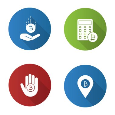 Bitcoin düz tasarım uzun gölge glif simgeler kümesi. Cryptocurrency. Bitcoin ödemeleri, Atm konumu, hesaplamalar. Vektör siluet çizimi