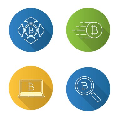 Bitcoin düz doğrusal uzun gölge simgeler kümesi. Harcama ve arama, dijital cüzdan, bitcoin uçan. Vektör anahat çizim
