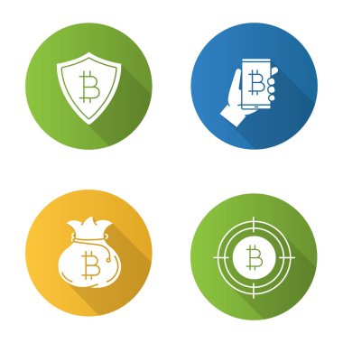 Bitcoin düz tasarım uzun gölge glif simgeler kümesi. Cryptocurrency. Güvenli ödeme, dijital cüzdan, para çantasını, bitcoin için arama. Vektör siluet çizimi