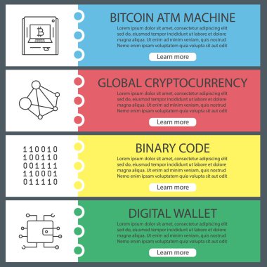 Cryptocurrency web afiş şablonları ayarlayın. İkili kod, dijital cüzdan, bitcoin Atm makine, genel ağ. Araştırma iş. Web sitesi menü öğeleri ile doğrusal kutsal kişilerin resmi. Vektör üstbilgileri kavramları tasarım