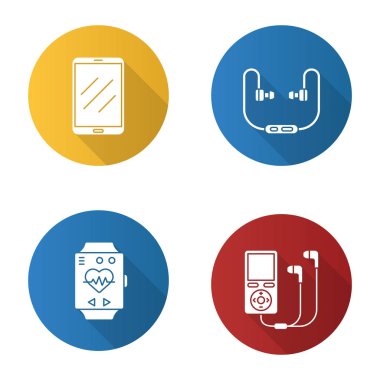 Becerikli alet düz uzun gölge glif Icons set dizayn. Tablet bilgisayar, kulaklık, mp3 çalar, spor bilezik. Vektör siluet çizimi