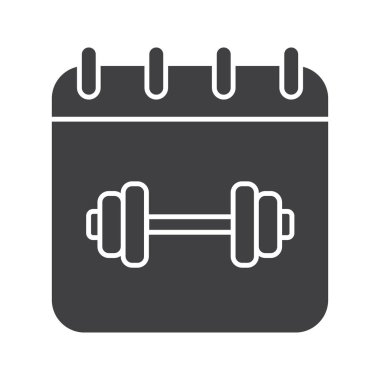 Spor salonunda egzersiz programı glif simgesi. Siluet simge. Spor salonu barbell ile takvim sayfası. Negatif alan. İzole vektör çizim