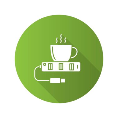 USB Kupası daha sıcak düz tasarım uzun gölge glif simgesi. Su ısıtıcı. Vektör siluet çizimi