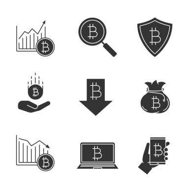 Bitcoin glif simgeler kümesi. Cryptocurrency siluet simgeler. Bitcoin dijital cüzdan, güvenli ödemeler, oranı yükseliyor ve düşüyor, tasarruf, arayın. İzole vektör çizim