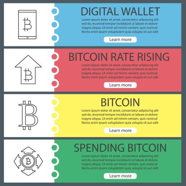 Bitcoin web afiş şablonları ayarlayın. Bitcoin işareti, dijital depolama, harcama, oranı yükseliyor. Web sitesi renk menü öğeleri ile doğrusal kutsal kişilerin resmi. Vektör üstbilgileri kavramları tasarım