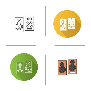 Hoparlör simgesi. Tasarım, doğrusal düz ve stilleri renk. Stereo sistemi. İzole vektör çizimler