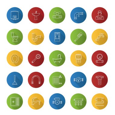 Sıhhi tesisat düz doğrusal uzun gölge simgeler kümesi. Sıhhi tesisat. Nereye gidiyorsun? Vektör anahat çizim