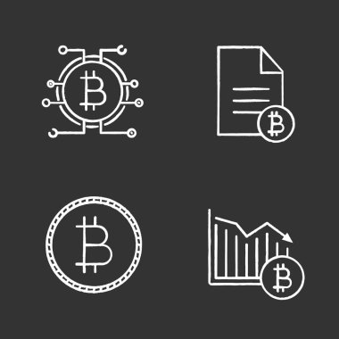 Bitcoin tebeşir simgeler kümesi. Cryptocurrency. Bitcoin belge, ödeme düşüyor. İzole vektör kara tahta çizimler