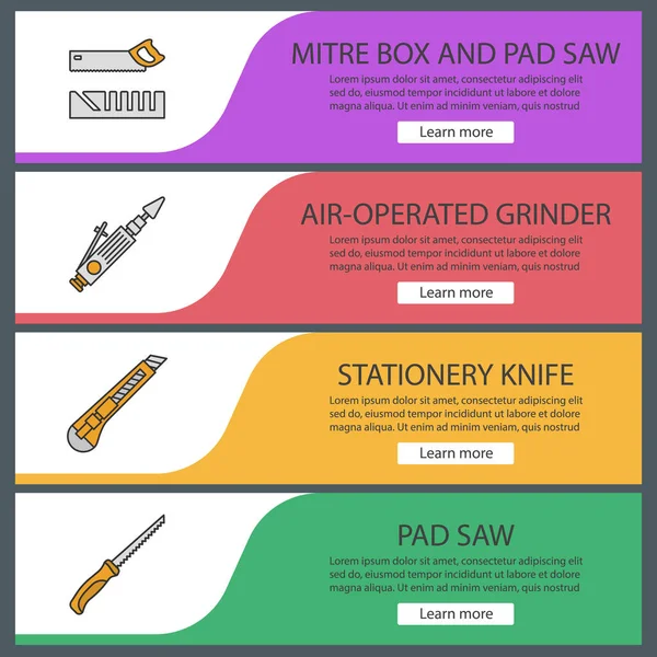 Afiş şablonlar kümesi web inşaat araçları. Gönye kutusu, yastık gördüm, hava ile çalışan değirmeni, ileti örneği bıçak. Web sitesi renk menü öğeleri. Vektör üstbilgileri kavramları tasarım