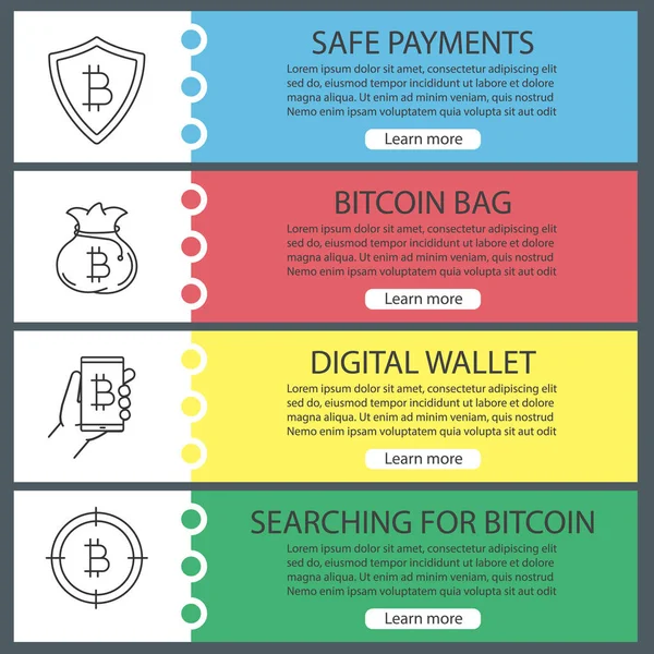 Bitcoin web afiş şablonları ayarlayın. Güvenli ödeme, para çantasını, dijital cüzdan, bitcoin için arama. Web sitesi menü öğeleri ile doğrusal kutsal kişilerin resmi. Vektör üstbilgileri kavramları tasarım